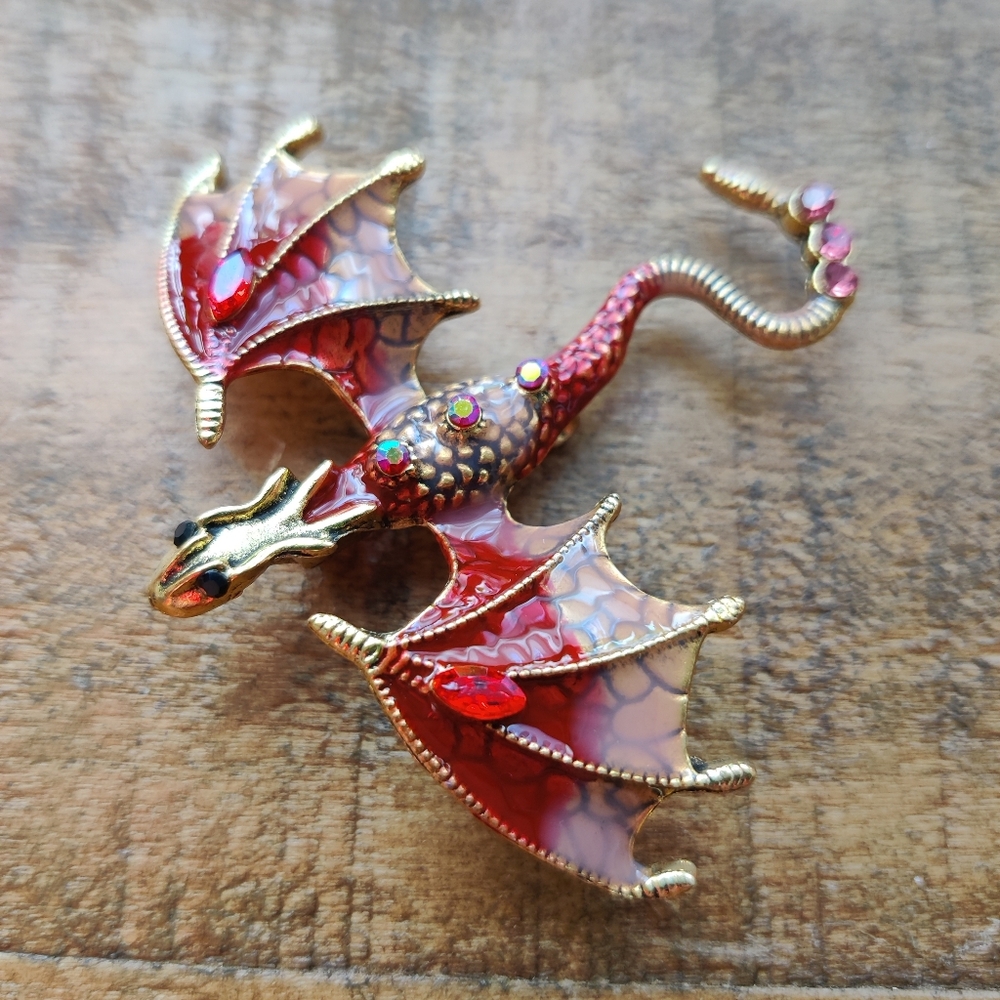 Red Enamel Gold Dragon Brooch Pin Fantasy Gothic Ren Faire Jewelry